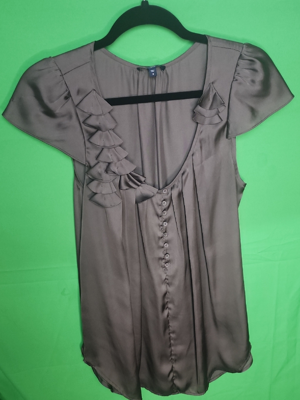 GAP Y2K Gray Satin Flutter Sleeve Ruffle Blouse Sz M